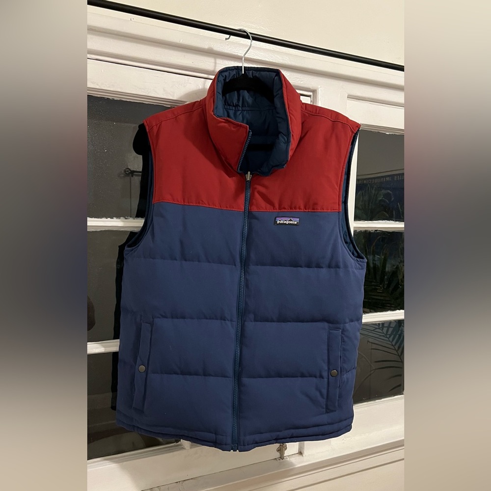 Men’s Patagonia Large Down Reversible Bivy Navy & Red Insulated Vest Coat EUC.